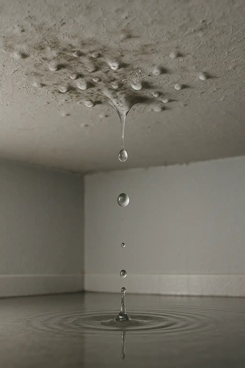 습기로 인해 천장에서 물방울이 떨어지는 모습을 사실적으로 묘사한 이미지