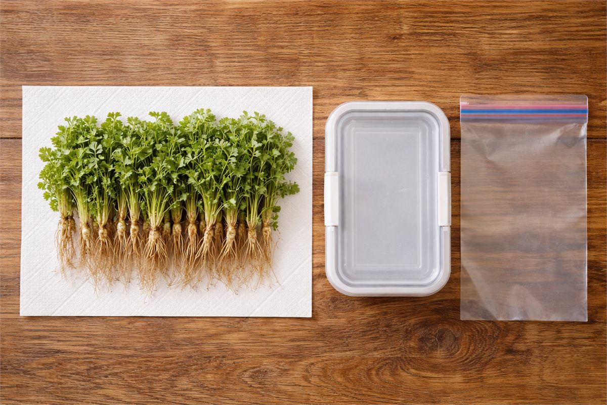 손질한 냉이와 보관 용기를 함께 놓은 준비 장면 