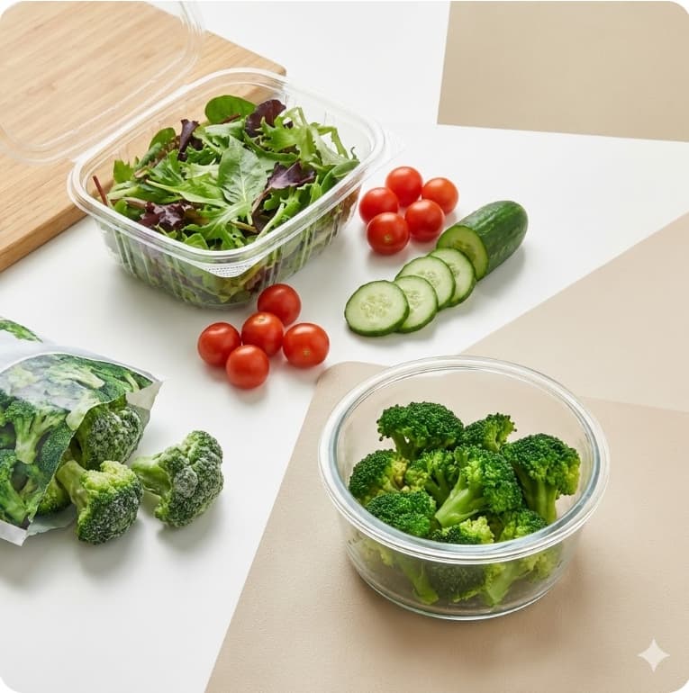 샐러드팩과 방울토마토&amp;#44; 오이&amp;#44; 데친 브로콜리로 &lsquo;채소 섭취 늘리기 3단계&rsquo; 재료를 보여주는 사진