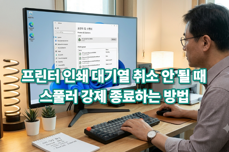 Windows 11에서 취소되지 않는 프린터 인쇄 대기열과 스풀러를 초기화하는 모습