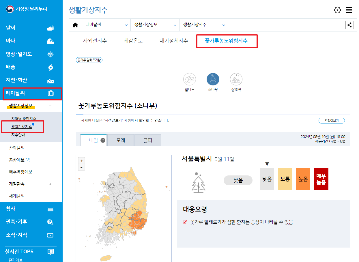 송화가루 지수 확인