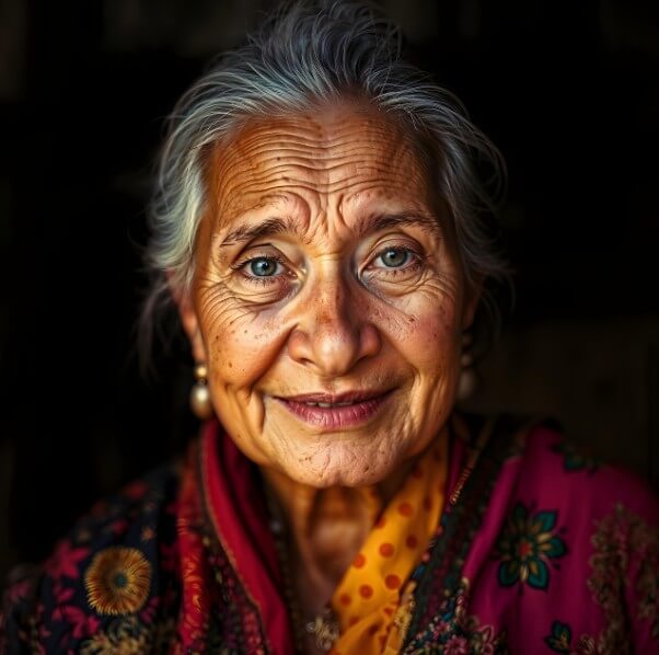 웃으면서 정면을 바라보고 있는 할머니