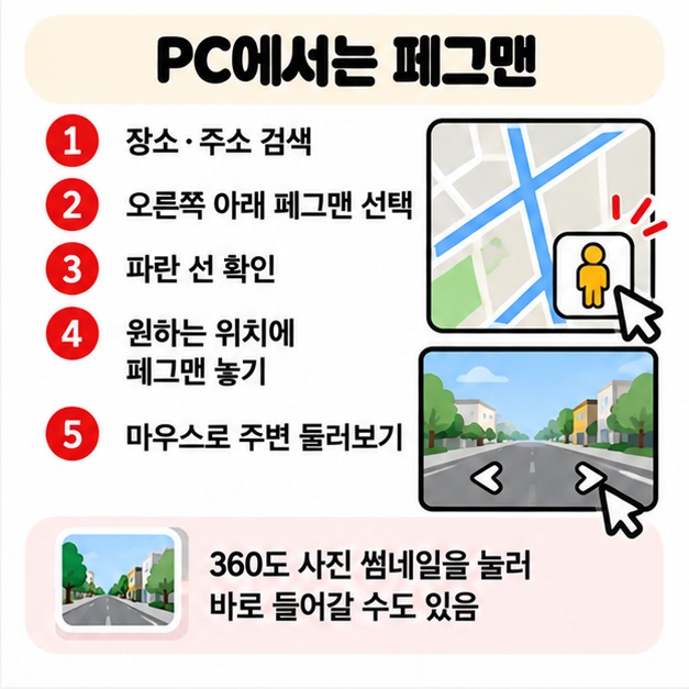 PC에서 장소 검색 후 페그맨을 지도에 나타난 파란 선으로 끌어놓아 스트리트 뷰를 여는 과정을 보여주는 카드