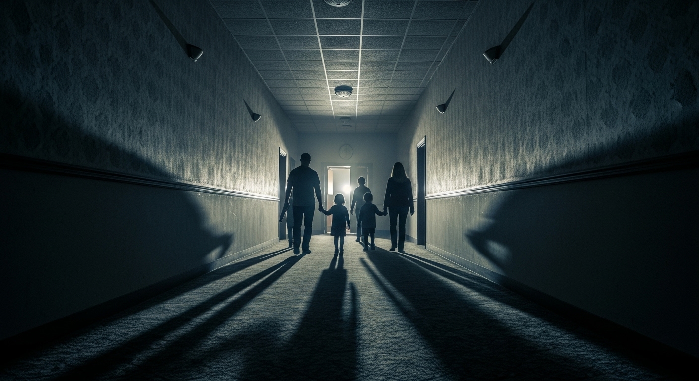 영화관 복도를 걸어가는 부모와 아이들의 실루엣. 어스름한 조명이 공포 영화 관람가 등급을 암시하는 분위기를 연출한다.