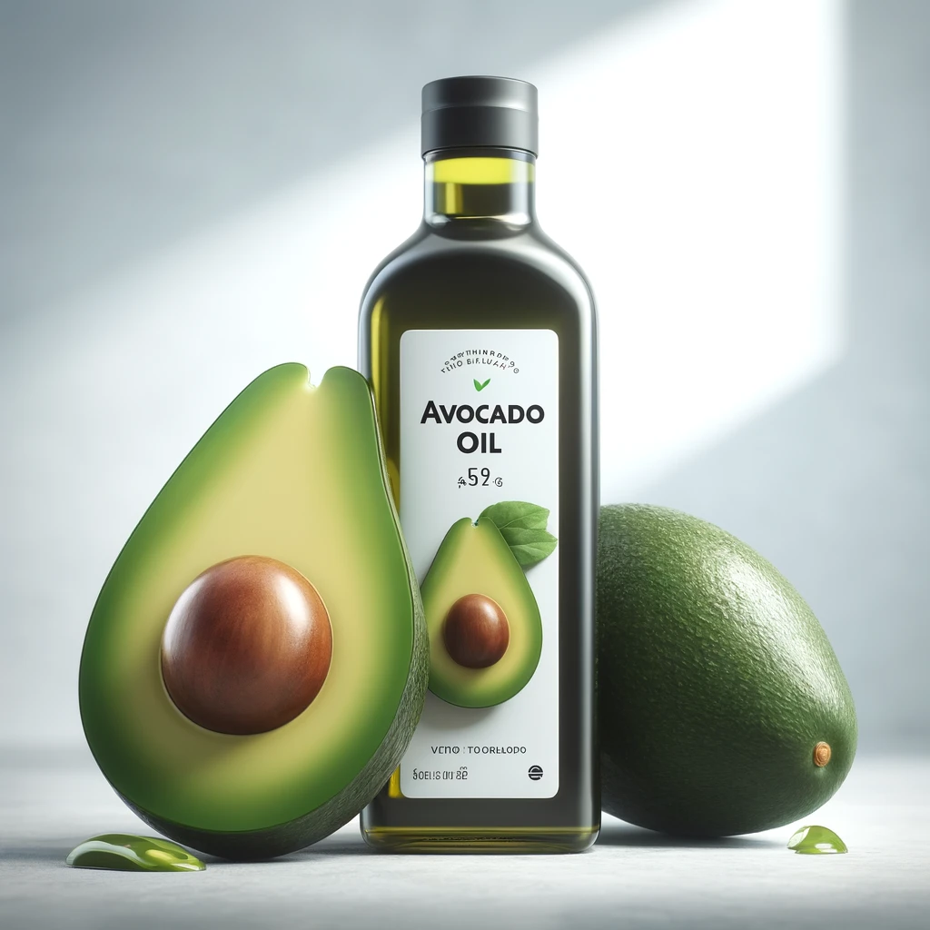 &quot;어두운 유리병에 담긴 아보카도 오일과 잘 익은 아보카도 반쪽이 놓여 있는 모습. 깨끗하고 밝은 배경에서 신선한 느낌을 강조한 이미지.&quot;
