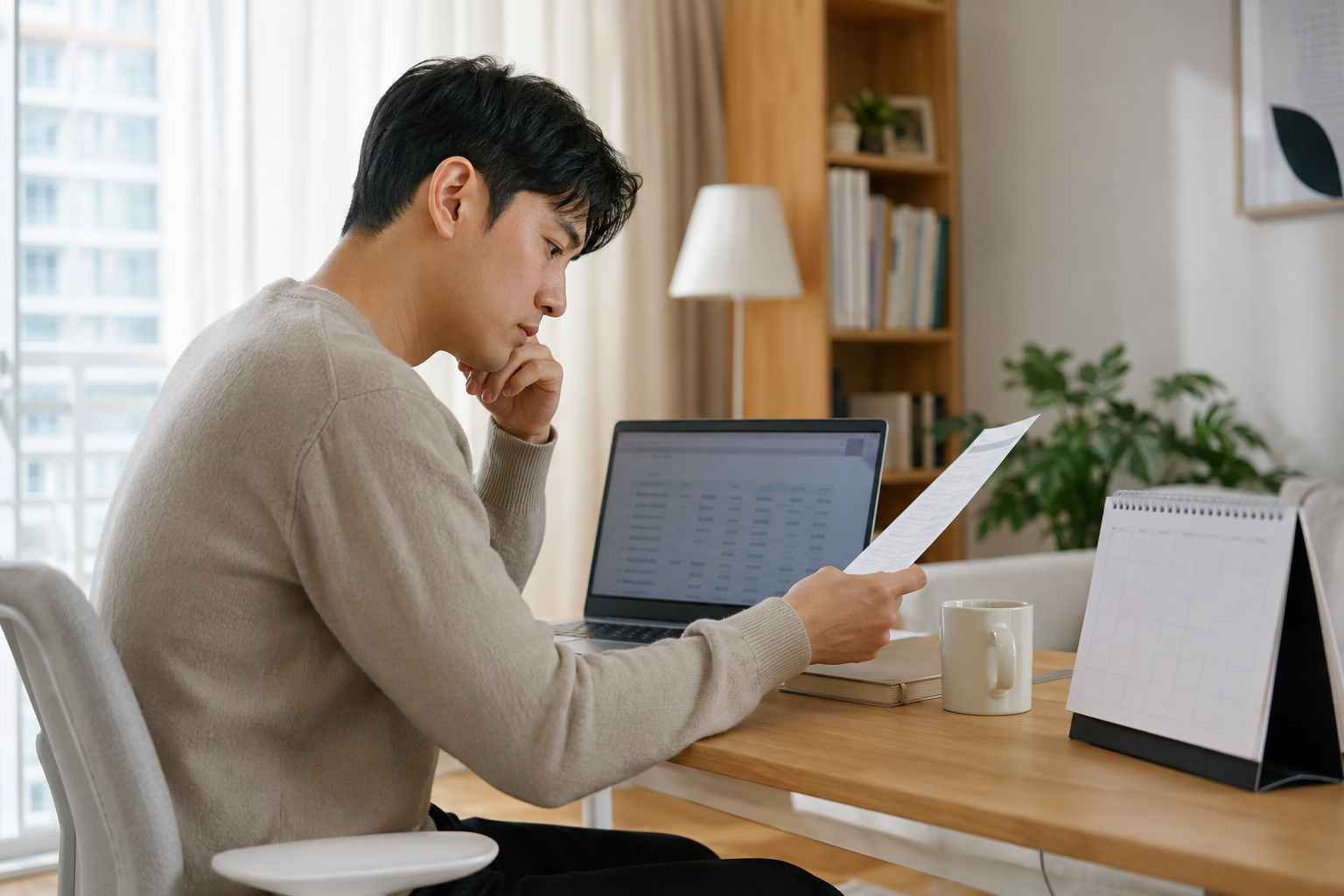 퇴직 후 급여 내역과 달력을 확인하는 근로자