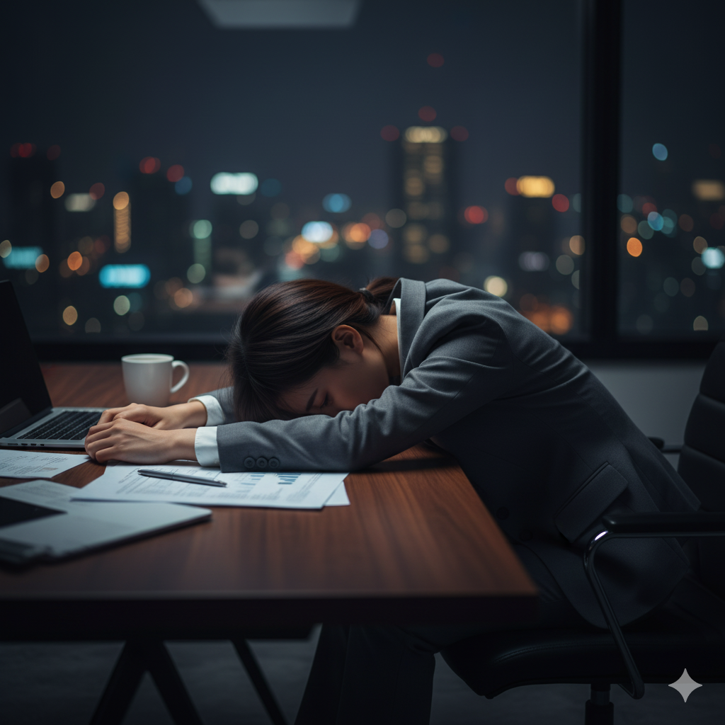 늦은 밤, 사무실 책상에 엎드려 완전히 지쳐버린 지적인 아름다운 여성 모델의 모습.