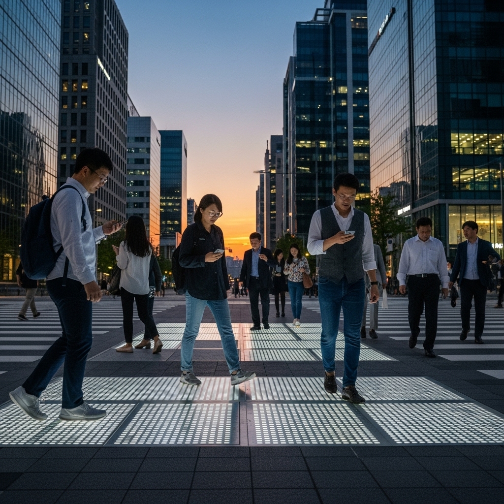 a modern Korean smart city intersection at dusk, featuring AI-controlled traffic lights, autonomous buses