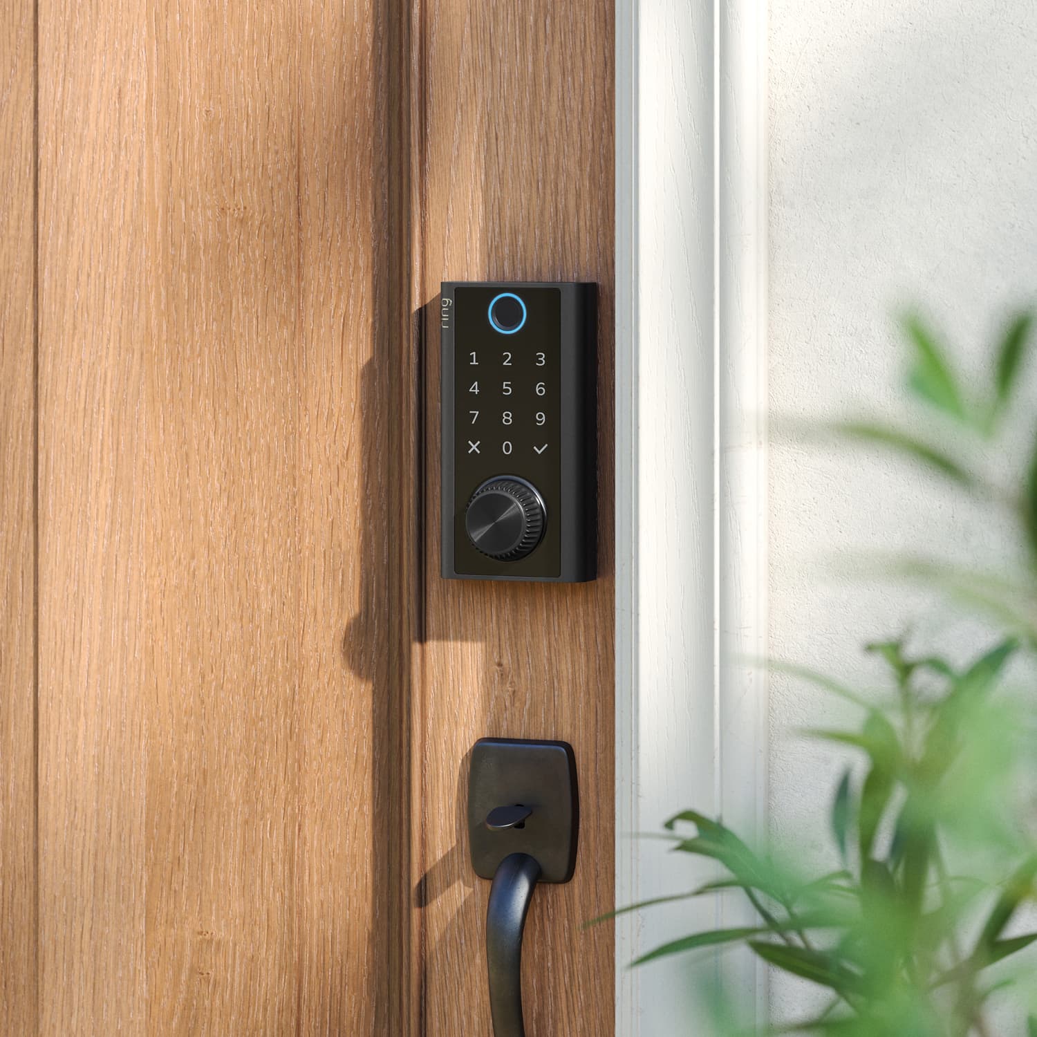 현관문에 설치된 검은색 Ring Smart Lock