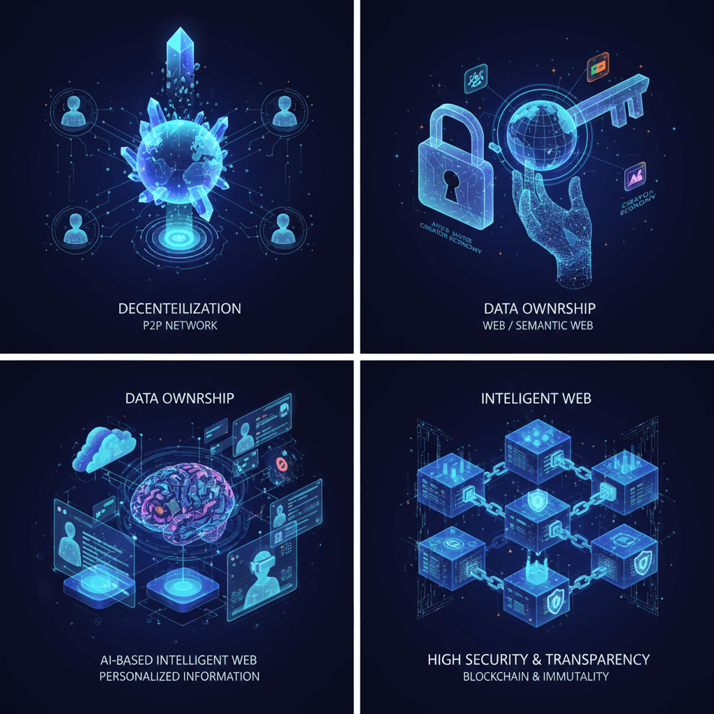 탈중앙화, 데이터 소유권, 인공지능 웹, 블록체인 보안 개념도