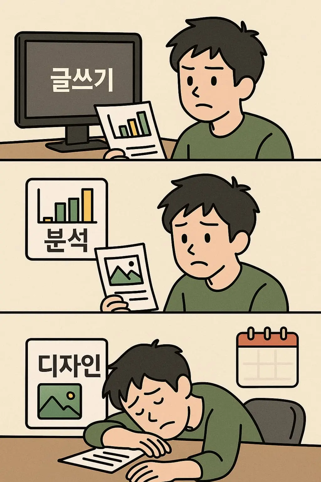 블로그 글쓰기, 데이터 분석, 디자인 작업까지 혼자 떠안고 있는 모습