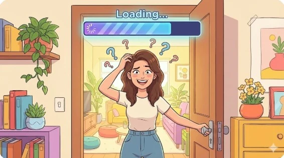 머리 위 물음표와 함께 방문을 여는 여성