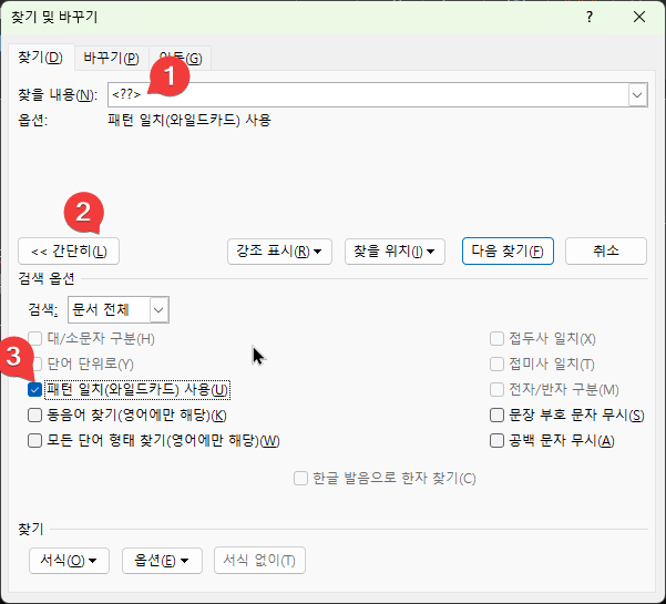 워드에서 패턴으로 검색을 하는 방법2