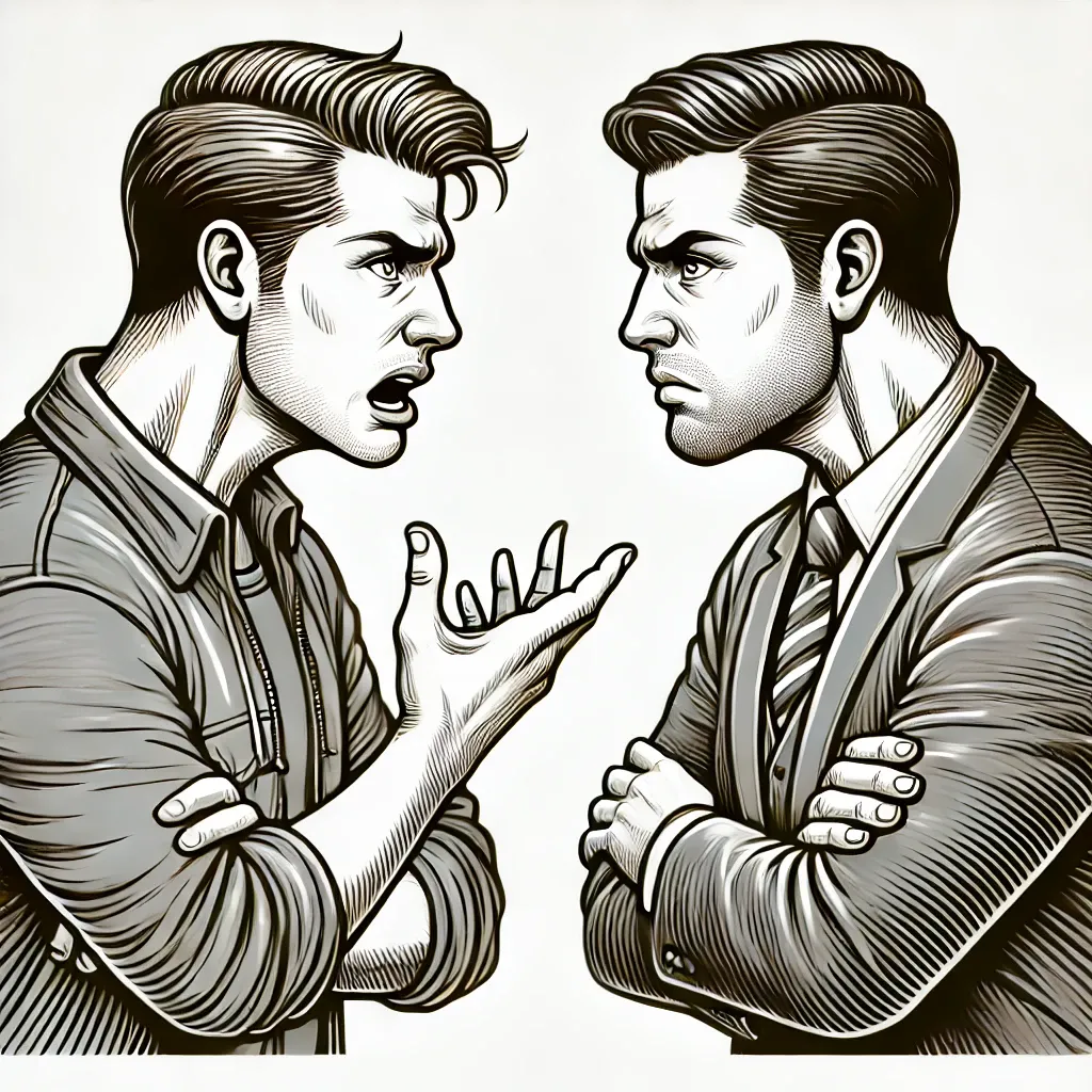 임대인과 임차인이 서로 인상을 쓰며 갈등하는 모습의 일러스트