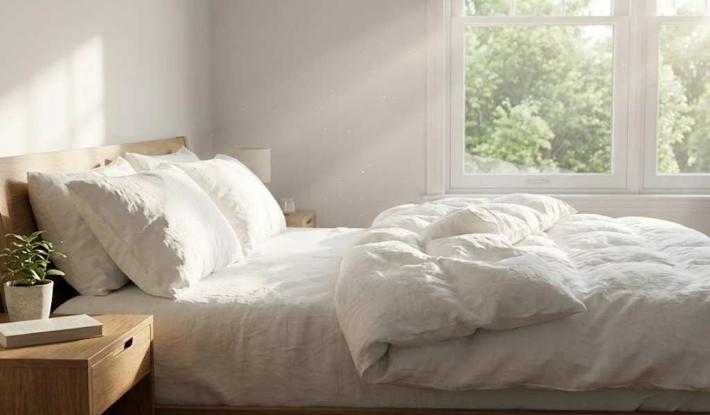 아침 햇살이 들어오는 침실 풍경