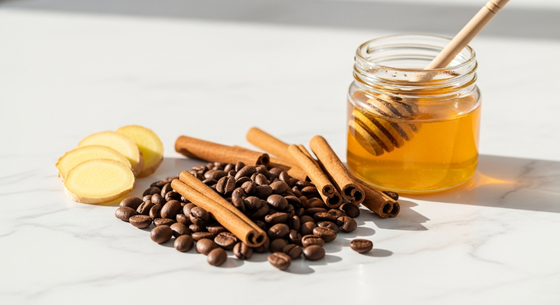 홈카페 재료 준비: 신선한 원두, 시나몬 스틱, 꿀, 생강 슬라이스가 테이블 위에 정갈하게 놓인 모습