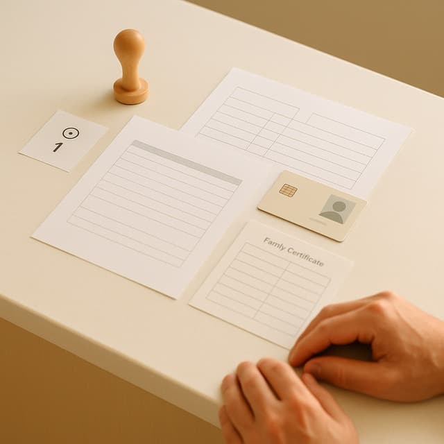공단 민원 창구를 연상시키는 밝은 데스크 위에 번호표와 신청서, 가족관계증명서 형식의 무지 서류, 도장과 신분증이 놓이고 접수를 기다리는 손 클로즈업