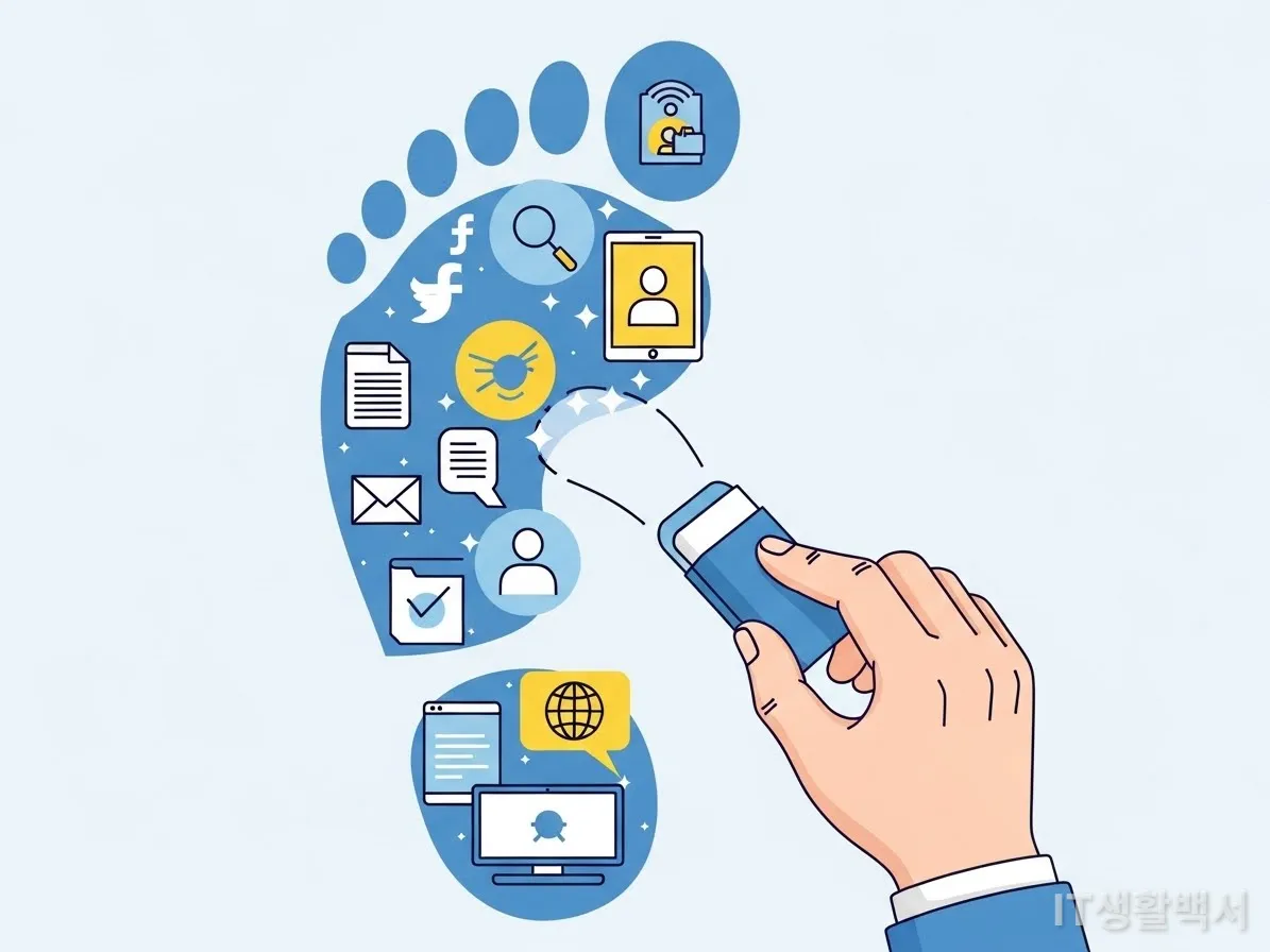 개인 정보 보호를 위해 디지털 발자국을 지우는 모습을 시각화한 일러스트