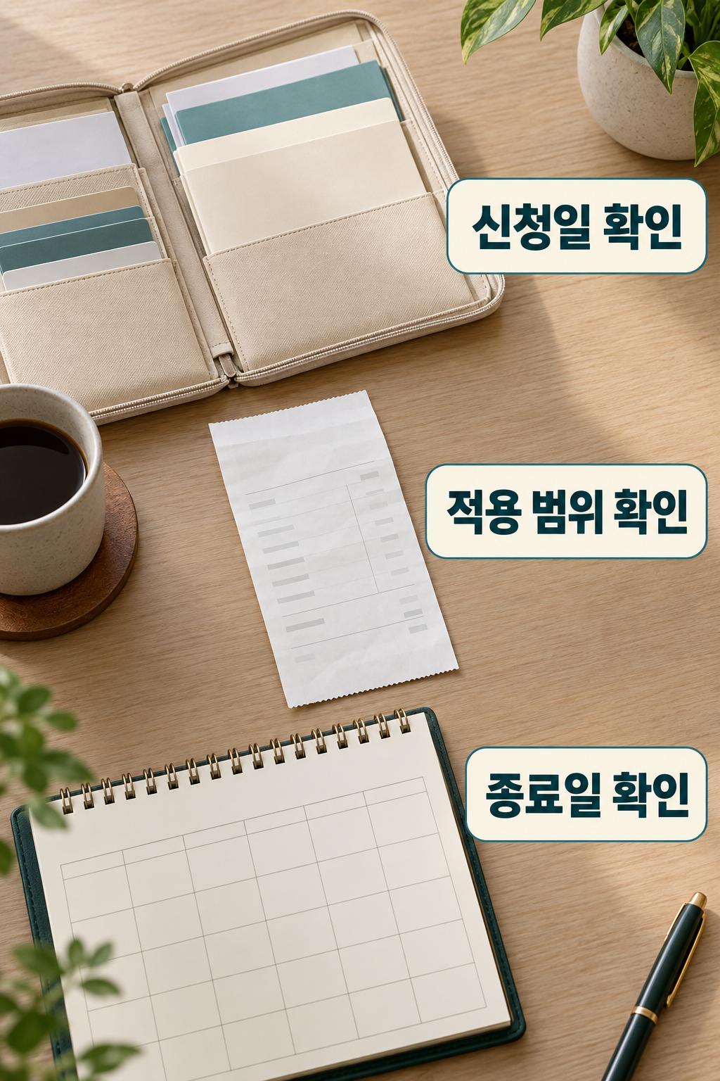 신청일 확인 문서지갑, 적용 범위 확인 진료비 내역, 종료일 확인 달력이 놓인 책상
