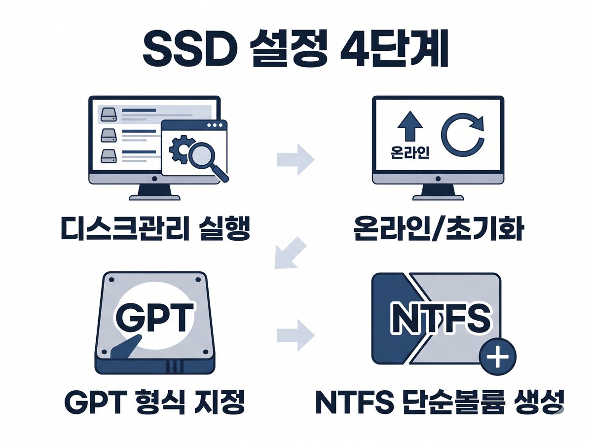 SSD 설정 4단계: 디스크관리 실행 온라인/초기화 GPT 형식 지정 NTFS 단순볼륨 생성