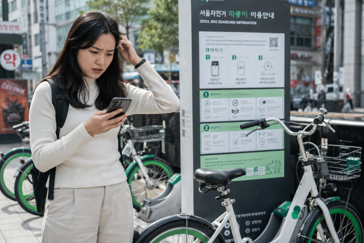 따릉이 이용 방법을 확인하는 초보 이용자