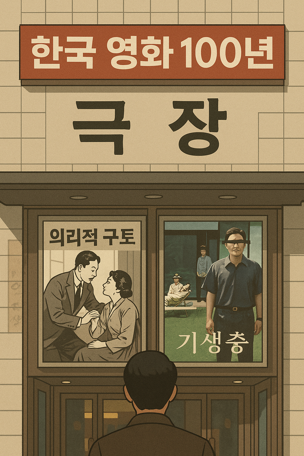 서울의 고전 극장에서 흑백영화 포스터와 현대 컬러 영화 포스터가 나란히 걸린 장면