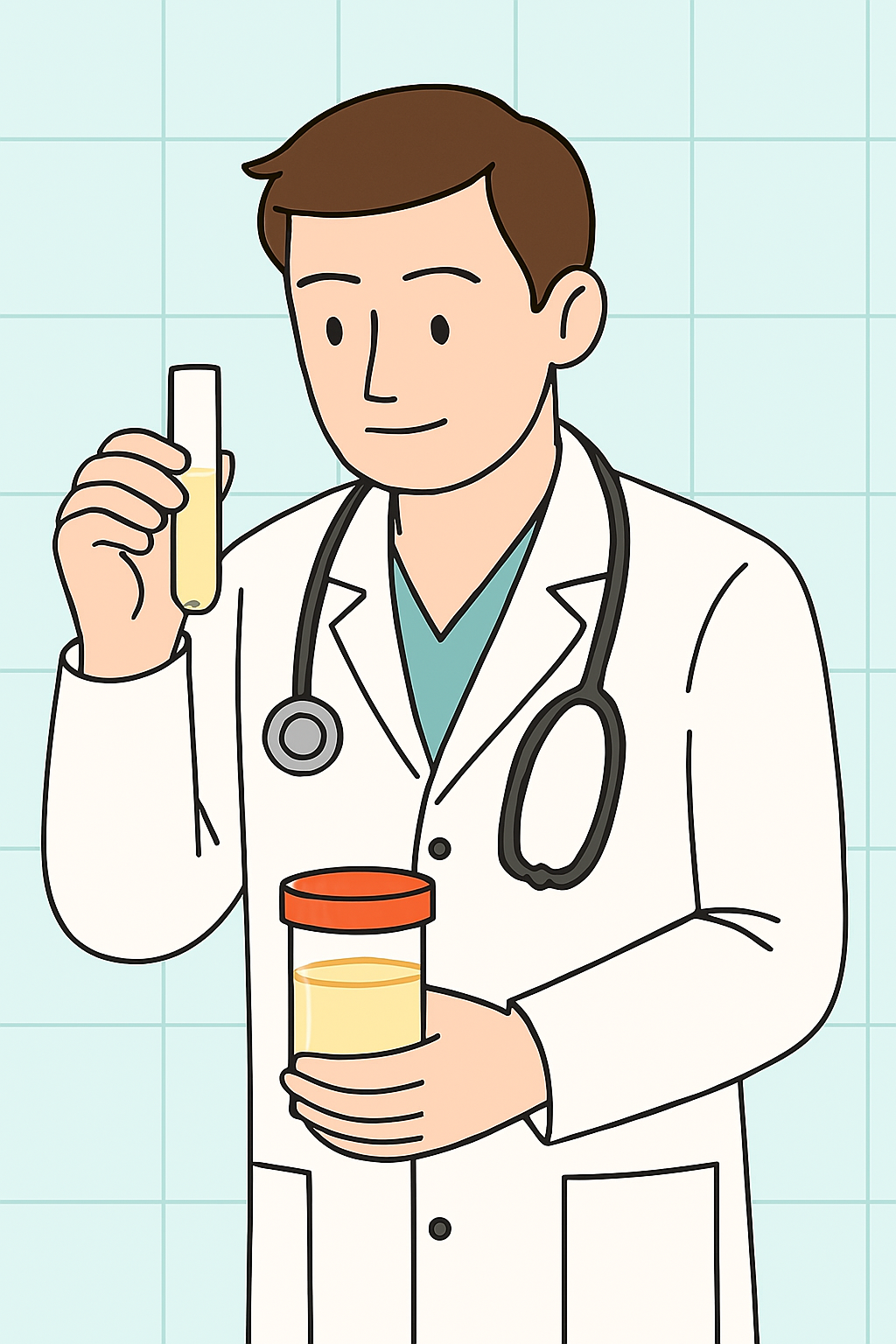 소변검사를 하는 의사로 소변통에 담긴 소변을 관찰하고 있음