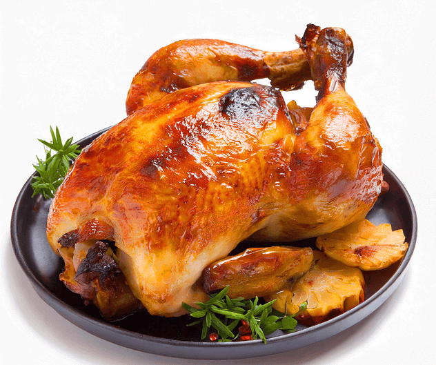 둥그런 고동색 쟁반에 커다란 통닭구이가 있다. 갈색으로 노릇노릇 잘 구워진 통구이 닭이다.