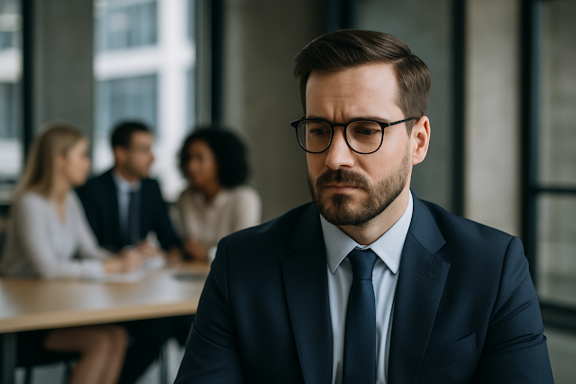 침묵하는 남성 리더가 회의 중 동료들과 거리를 두고 고뇌하는 모습
