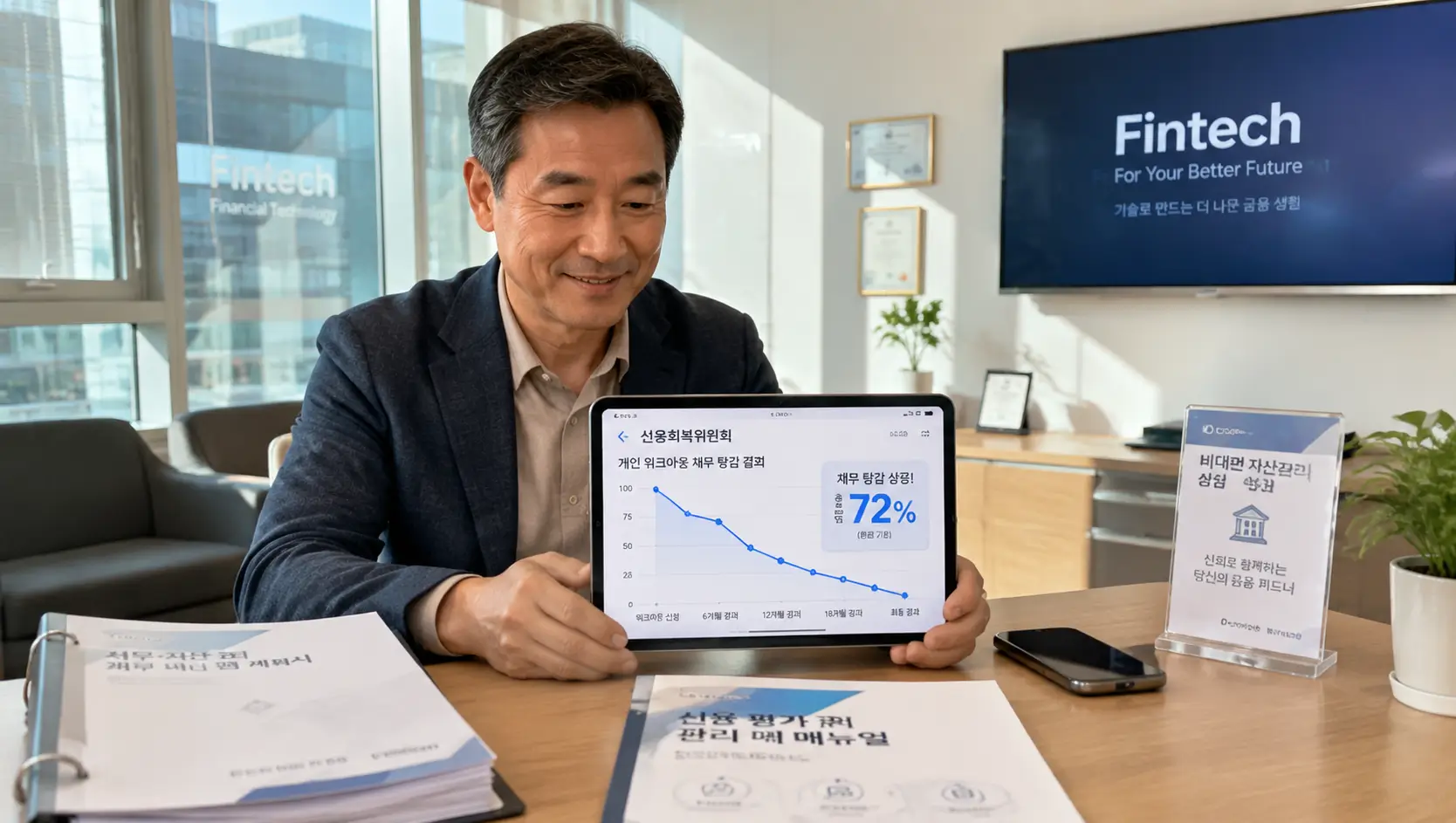 소상공인 빚 탕감 우대 마진 방어법을 신용 회복 위원회 앱을 통해 비대면으로 진단하는 모습