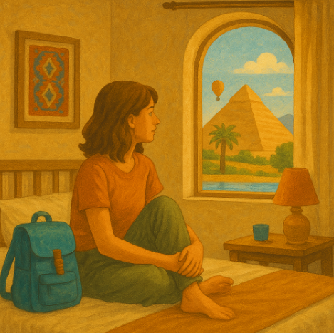 이집트 숙소에서 지내는 혼자 여행자 모습