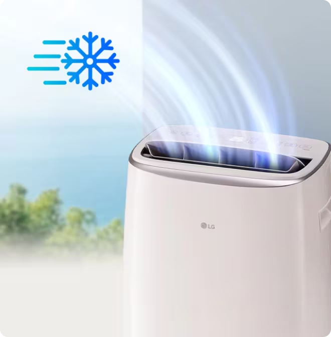 눈송이 아이콘과 함께 시원한 바람을 내보내는 LG 이동식 에어컨 상단 송풍구