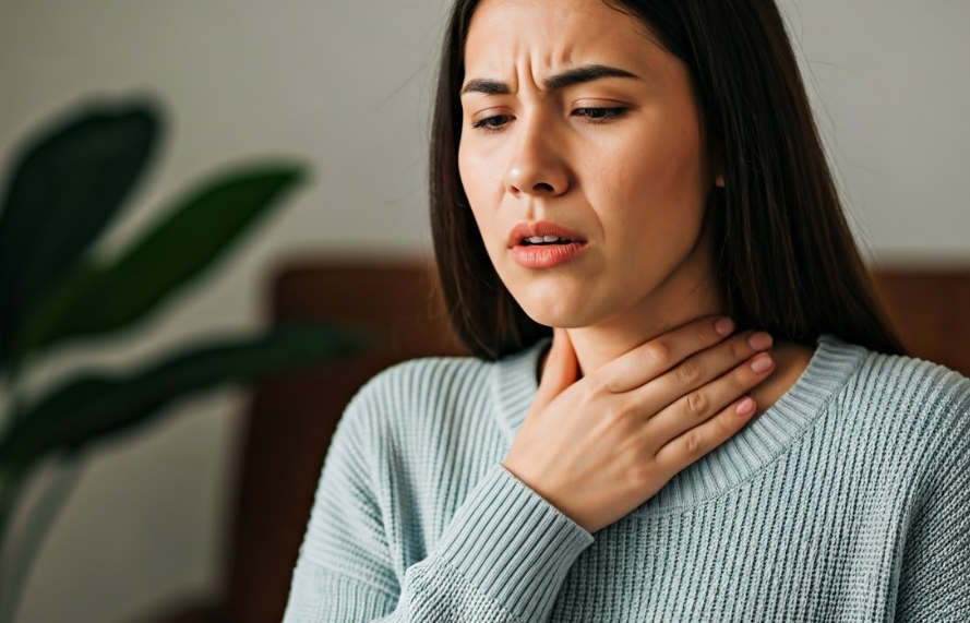 기침으로 힘들어 하는 여성