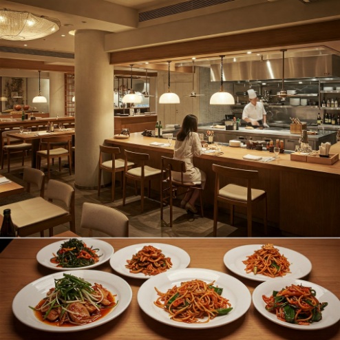 한국에 있는 유명한 미슐랭 스타 레스토랑의 고급스러운 실내 모습