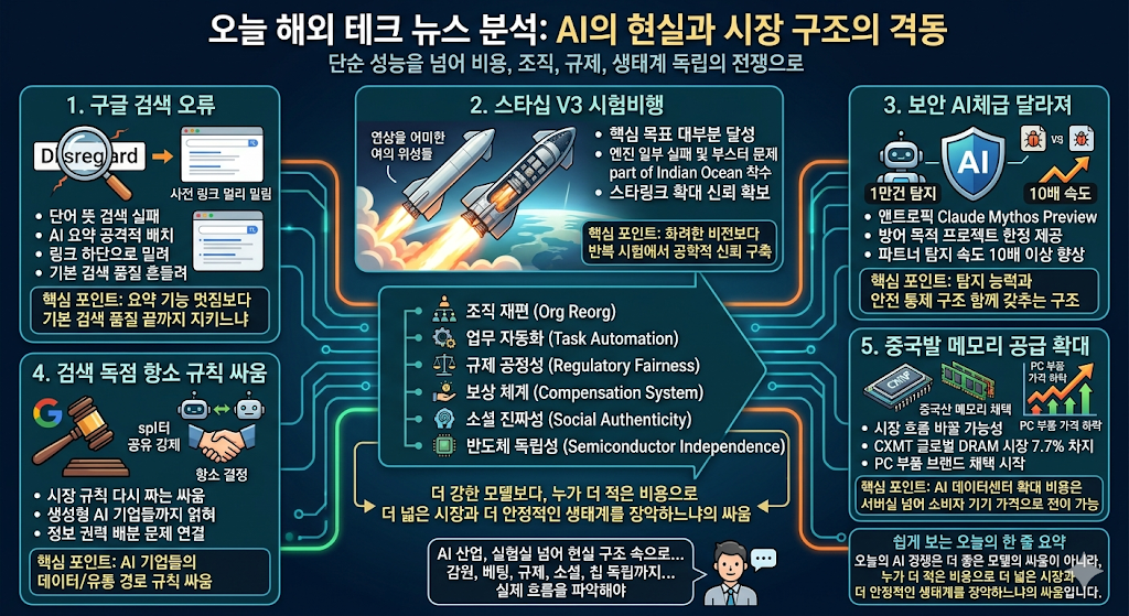 구글 검색의 &lsquo;disregard&rsquo; 오류, 스타십 V3 첫 시험비행, Claude Mythos가 한 달 만에 1만 건 넘는 취약점 발견, 구글의 검색 독점 항소, 중국발 메모리 공급 확대