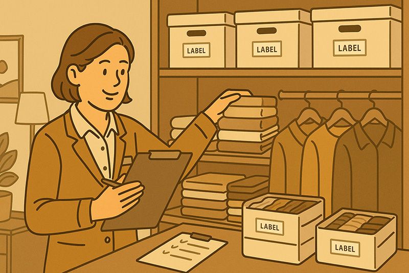 옷장 정리를 점검 중인 정리수납전문가의 모습