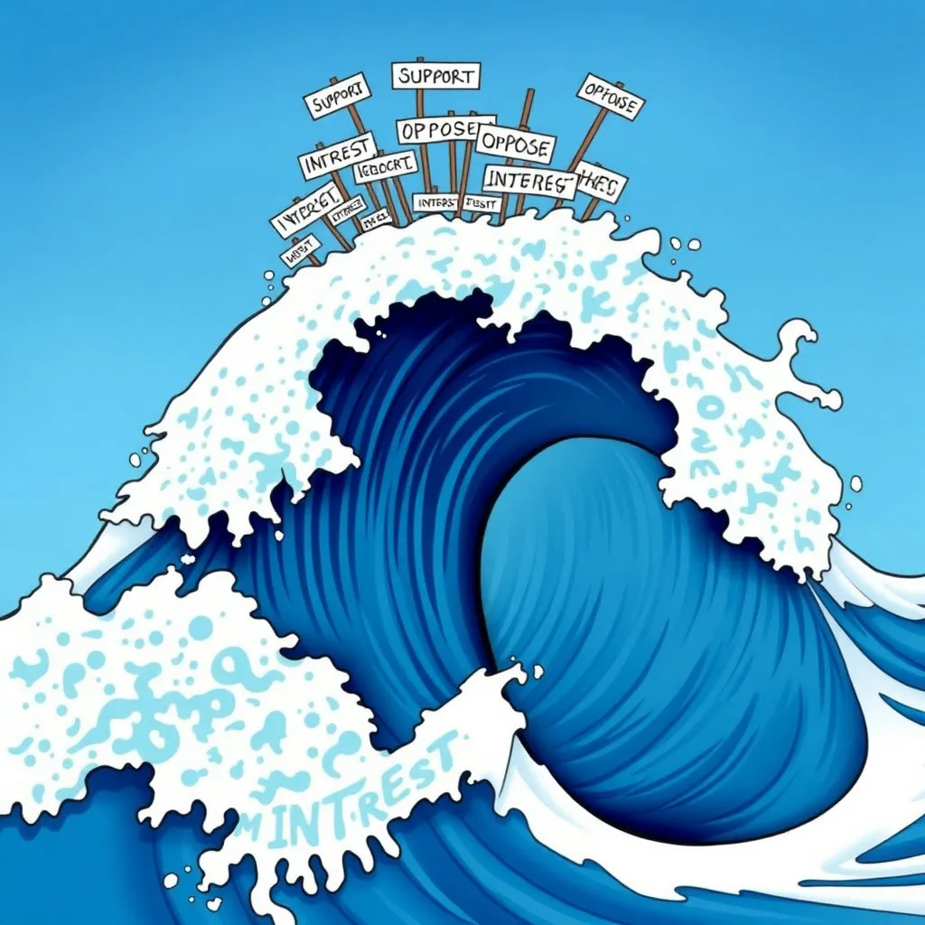 바다의 거대한 파도가 블로그 포스팅의 댓글 창이나 온라인 토론 게시판을 형상화하고 있습니다. 파도 거품 위에는 '찬성', '반대', '관심' 등 다양한 의견을 담은 글자들이 떠다닙니다. 역동적이고 생동감 있는 파도를 그려짐