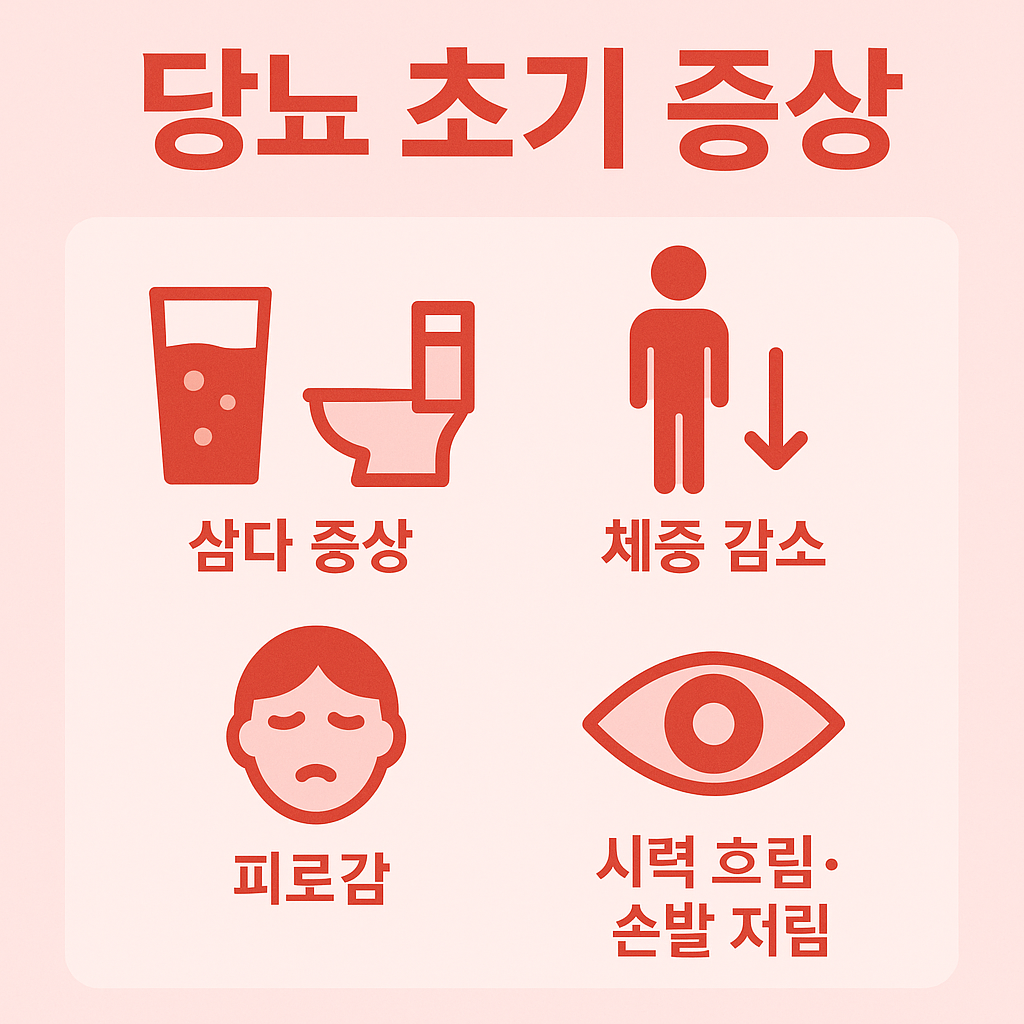 당뇨 초기증상을 설명하는 인포그래픽으로, 잦은 갈증과 배뇨, 체중 감소, 피로감, 시력 흐림 및 손발 저림 등 주요 증상을 시각적으로 보여주는 이미지입니다.
