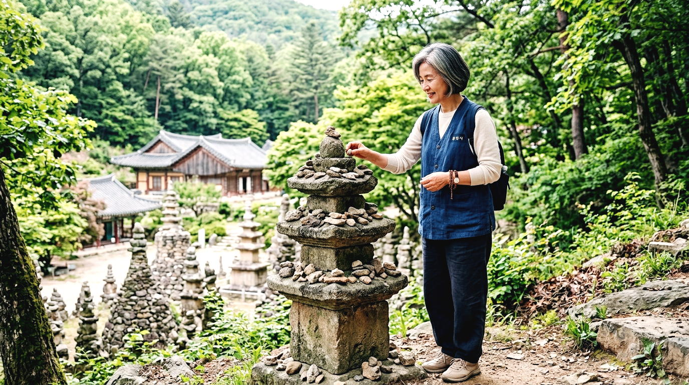 종 송암사 돌탑 군락에서 작은 돌을 얹으며 소원을 빌고 있는 60대 여성의 모습
