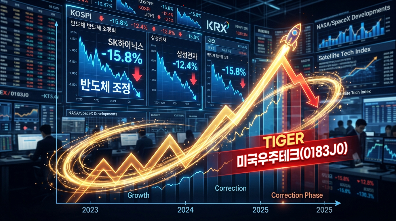 2026년 7월 1일 수요일 아침, 마이크론발 반도체 조정 전광판이 파랗게 질려 숨을 고르는 사이 우주 공간으로 솟구치던 TIGER 미국우주테크 ETF가 최고점에서 차익 실현 매물 폭풍을 맞아 하락 궤적으로 꺾이는 순간을 묘사한 고밀도 3D 금융 자산배분 인포그래픽