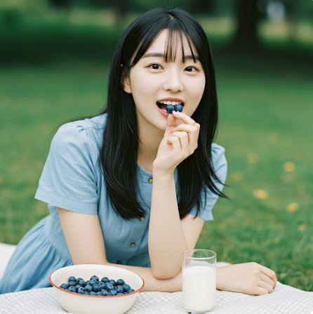 블루베리 먹는 여성 이미지