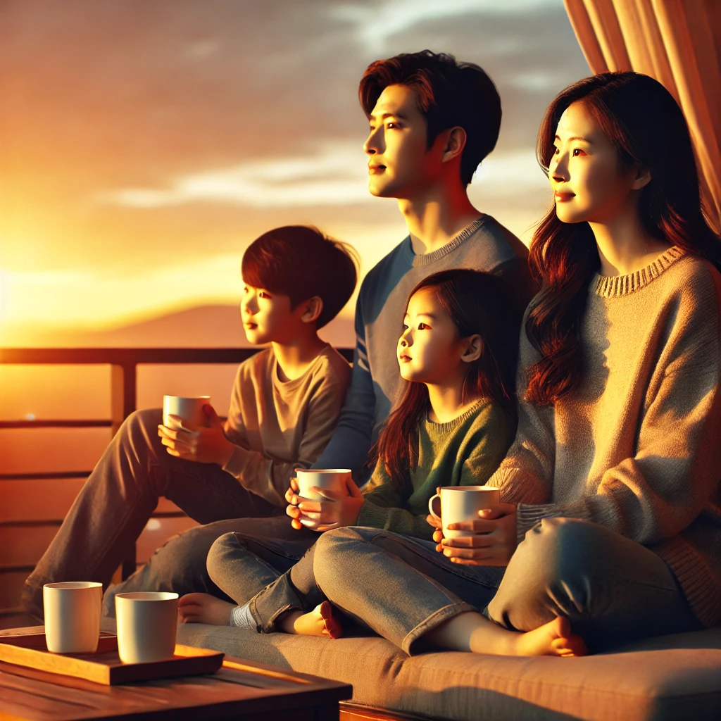 가족이 발코니에 앉아 차를 마시며 석양을 감상하는 장면. 부모와 아이들이 손을 맞잡고 저녁 하늘을 바라보며 평온함과 연결감을 느끼는 모습.