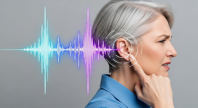 이명 통증을 호소하는 여성 사진