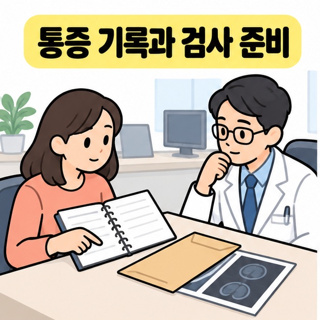 통증 기록과 검사 준비라는 문구 아래 환자가 의사에게 기록 노트와 검사 자료를 보여주는 그림