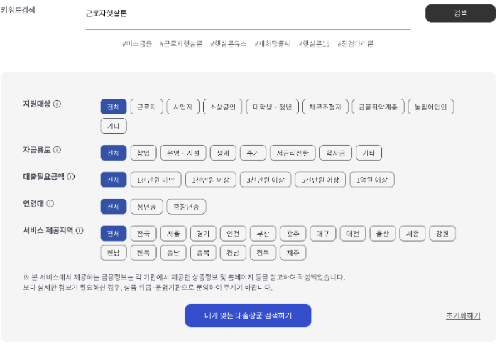 서민금융진흥원-홈페이지 검색화면