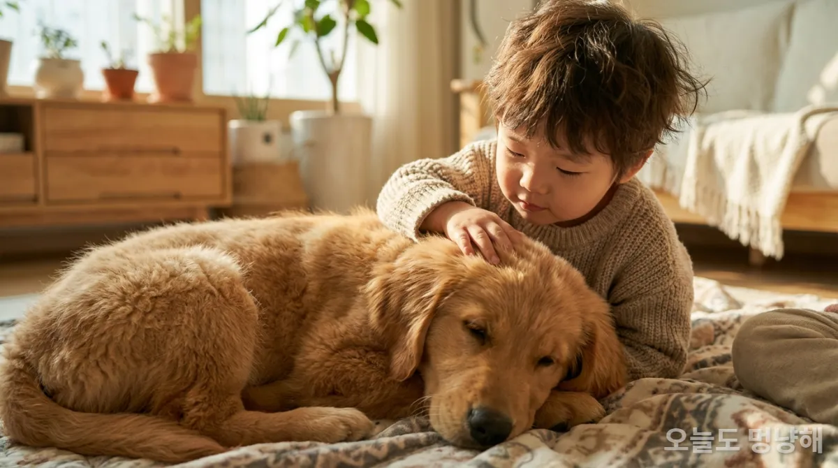사회화가 잘 된 강아지와 행복하게 교감하는 한국 아이의 모습