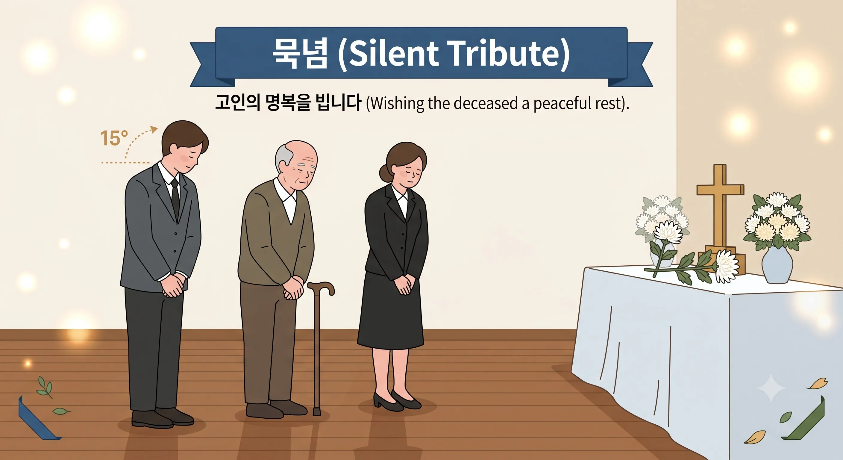 세 명의 사람이 크리스천 스타일 제단 앞에서 고개를 숙여 묵념(Silent Tribute)하는 모습
