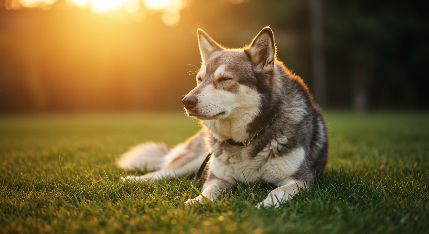 dog resting after play, looking calm and relaxed