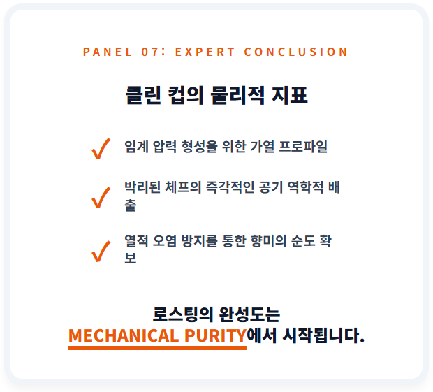 전문가용 로스팅 품질 지표 요약. 깨끗한 실버스킨 분리를 위해 필요한 임계 압력 가열 프로파일과 신속한 공기 역학적 배출의 중요성을 강조하며, 로스팅의 완성도가 물리적 순도에서 시작됨을 정리함.