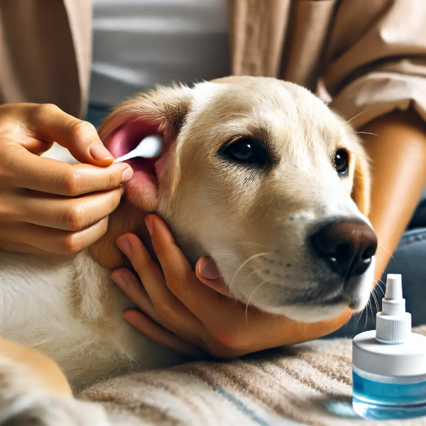 강아지 귀에 귀세정제를 넣고 부드럽게 닦아주는 모습, 반려견이 편안해 보이는 장면